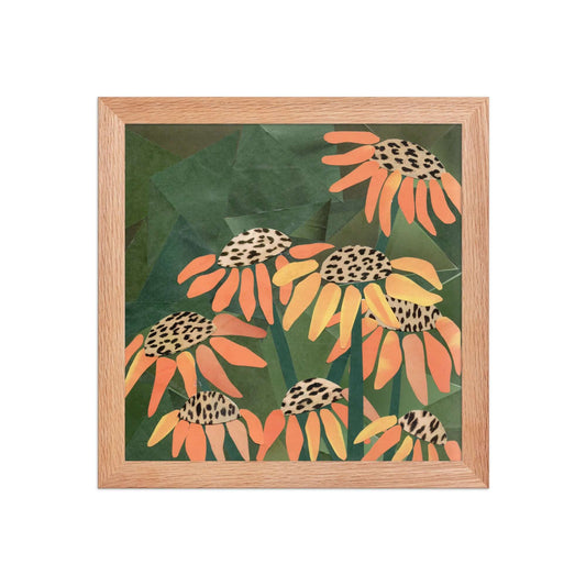 coneflower print in red oak frame