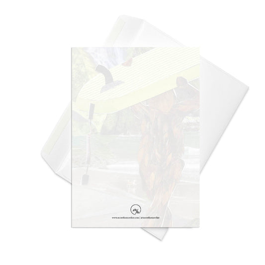 White envelope with a logo on a white background - back of surfing sasquatch card