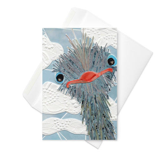 Greeting card with a emu / ostrich with silly expression, head in the clouds