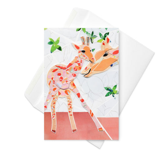 Collage art greeting card with a pink mommy and baby giraffe on abstract background