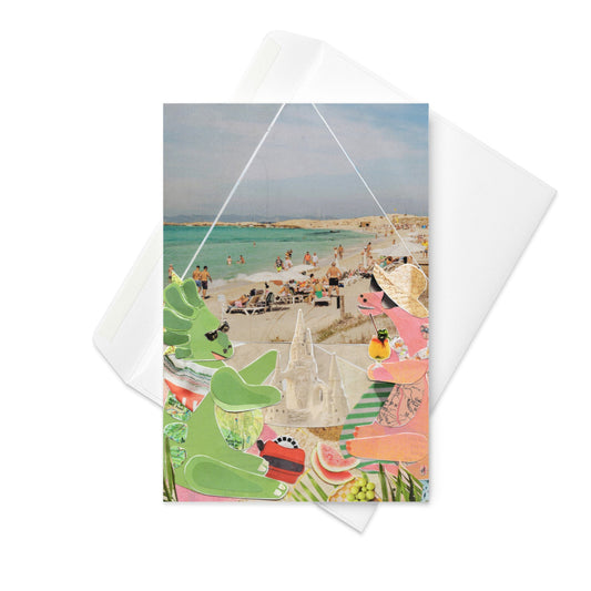 Greeting card with a beach scene design featuring two colorful dinosaurs playing with sandcastles and drinking bevis.