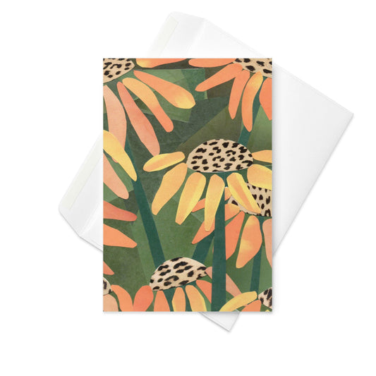Collage art greeting card with floral coneflower pattern on a white background