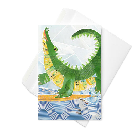 Collage art greeting card with a green alligator design surfing on geometric waves on a white background