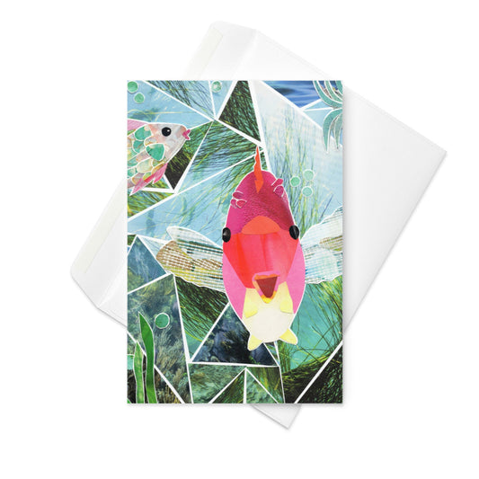 Collage art greeting card with colorful fish on an aquatic geometric background