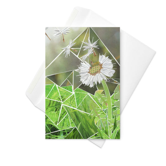 Collage art greeting card with geometric floral puffball design on a green background
