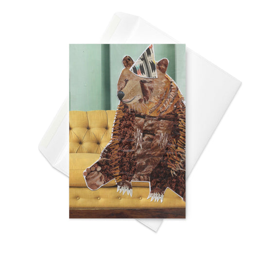 Collage art greeting card with a bear in party hat sitting on a yellow couch