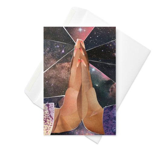 Collage art greeting card featuring namaste thank you hands, with a celestial background