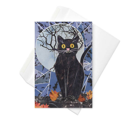 collage art halloween greeting card of black cat against full moon, purple sky and fall leaves