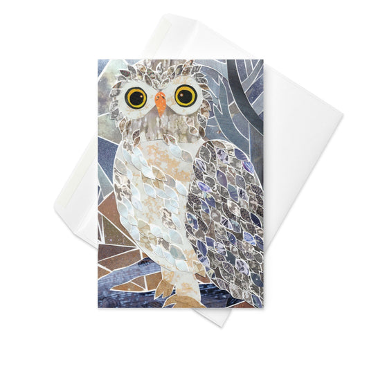 Collage art greeting card with an owl design on a purple background