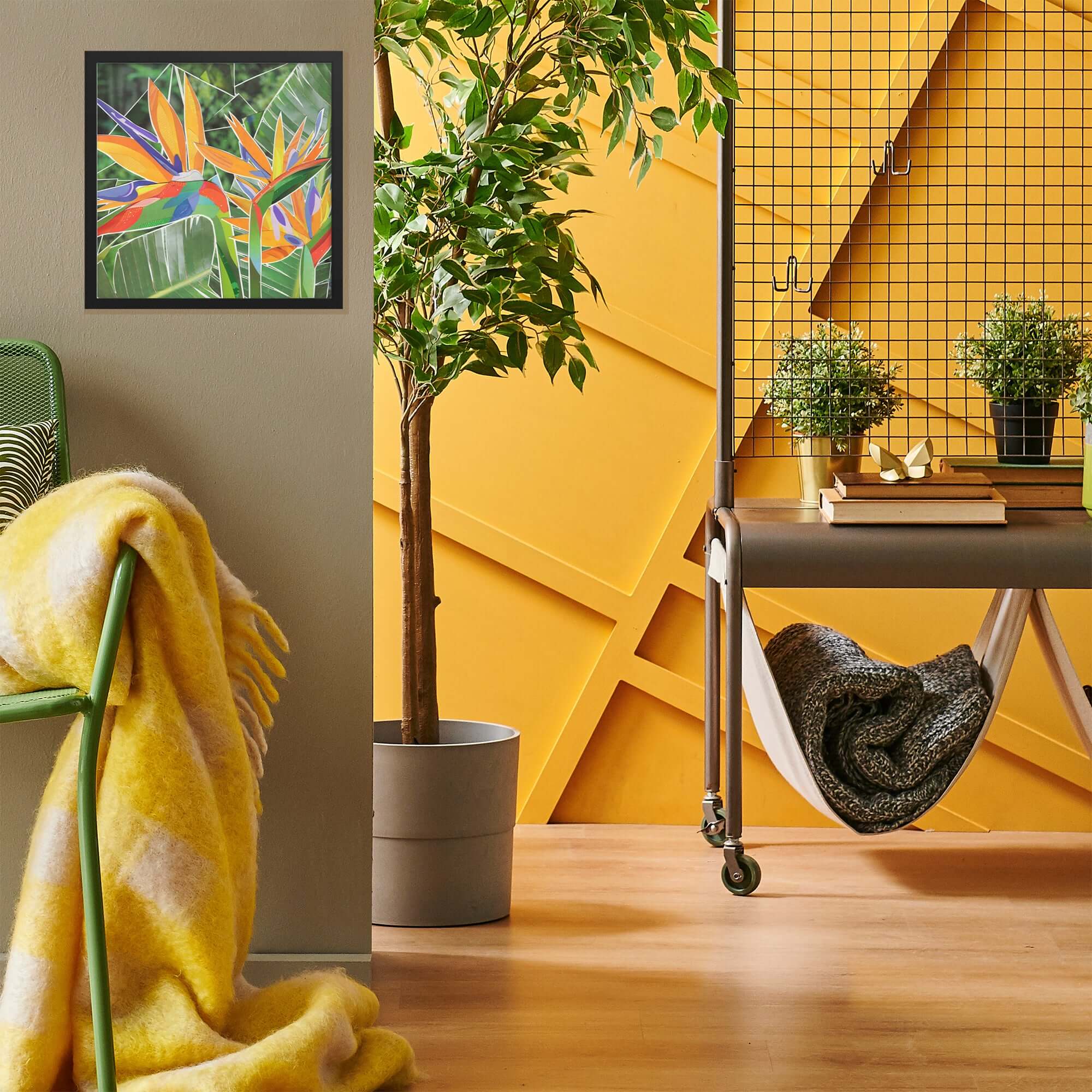 birds of paradise print in a room setting