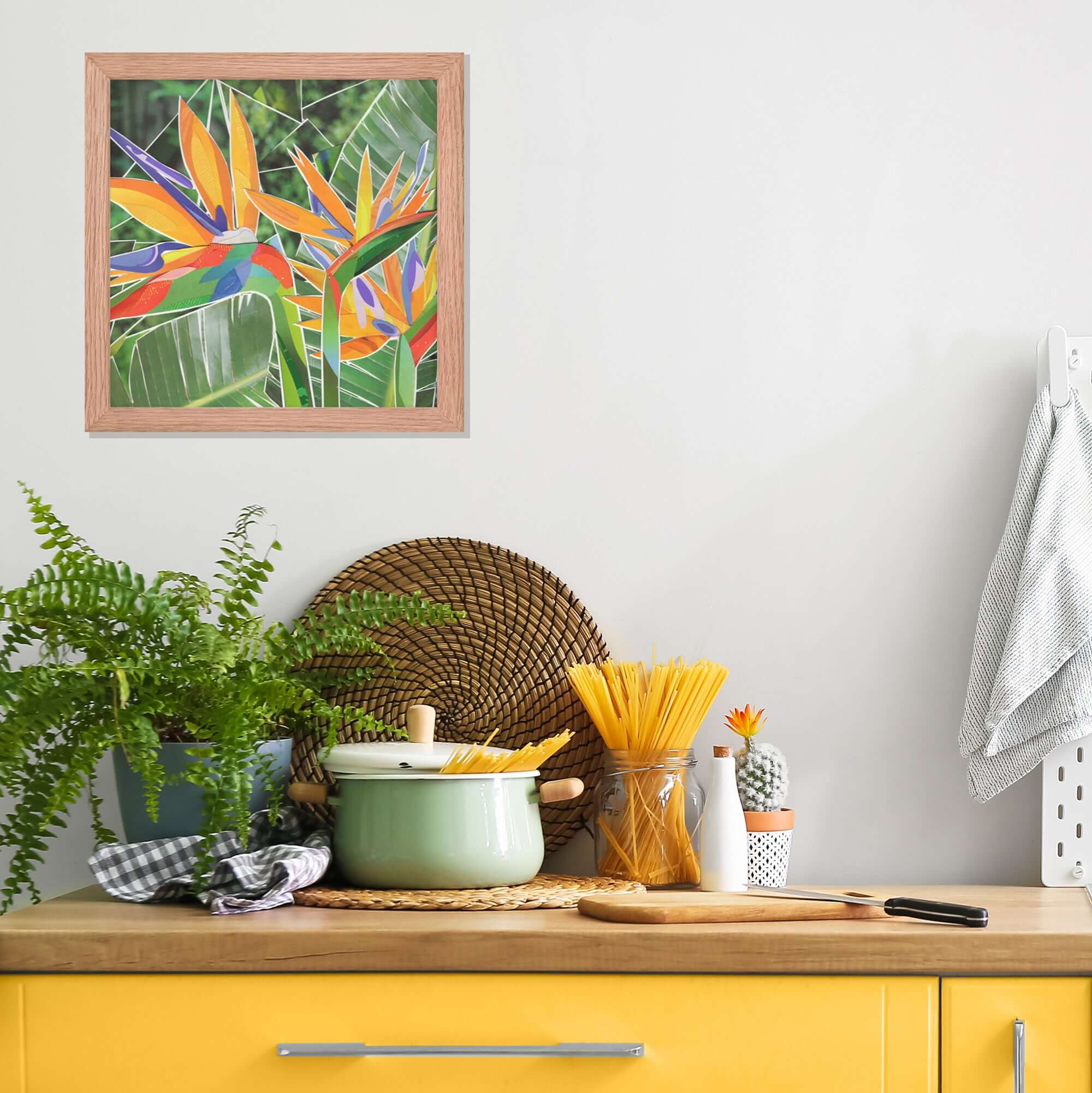 birds of paradise print in a room setting