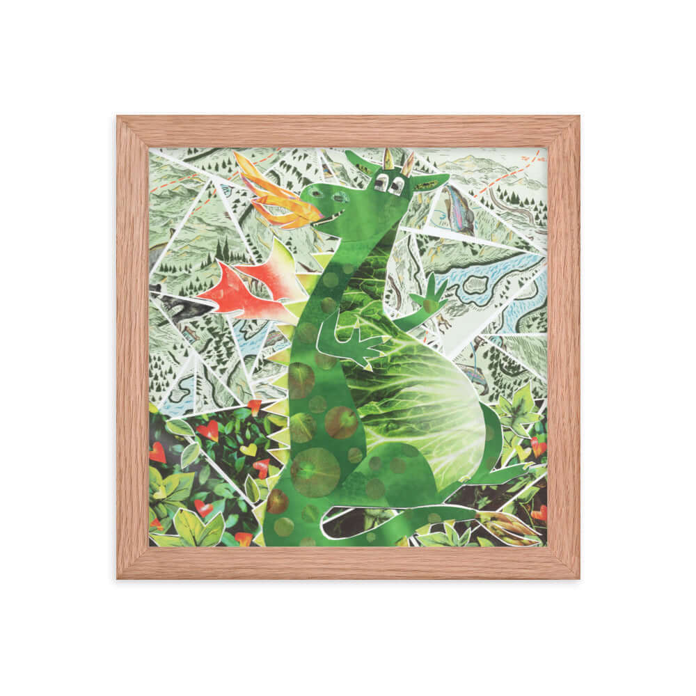 dragon print, red oak frame