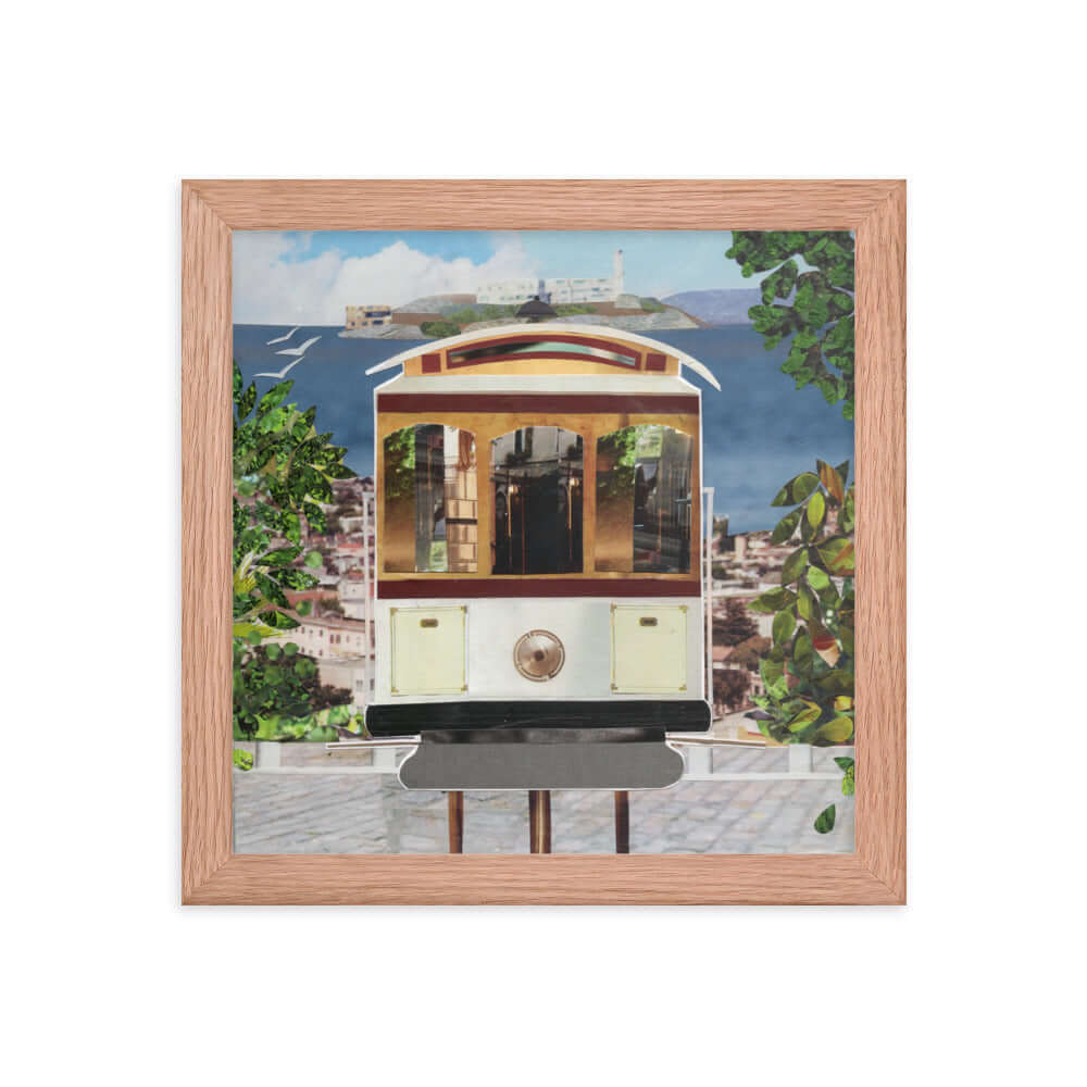 cable car print, red oak frame