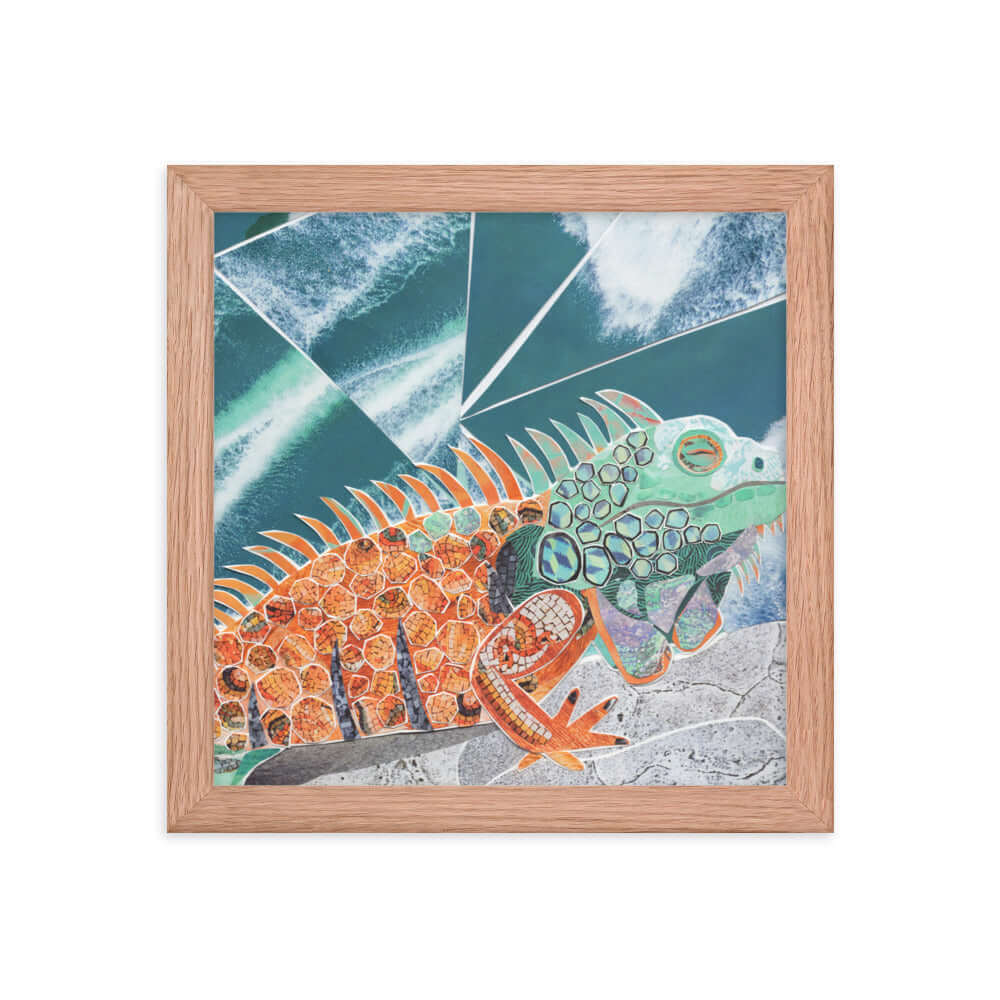 iguana print, red oak frame