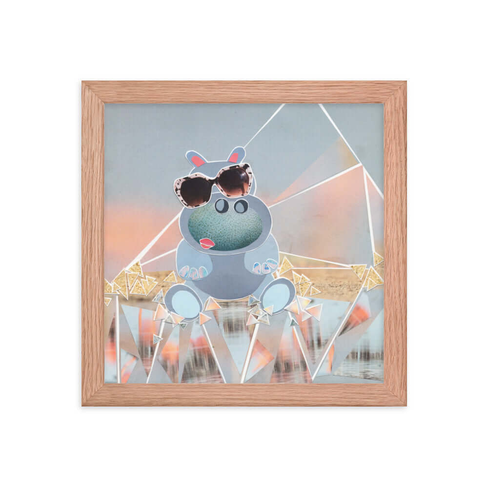 hippo print, red oak frame