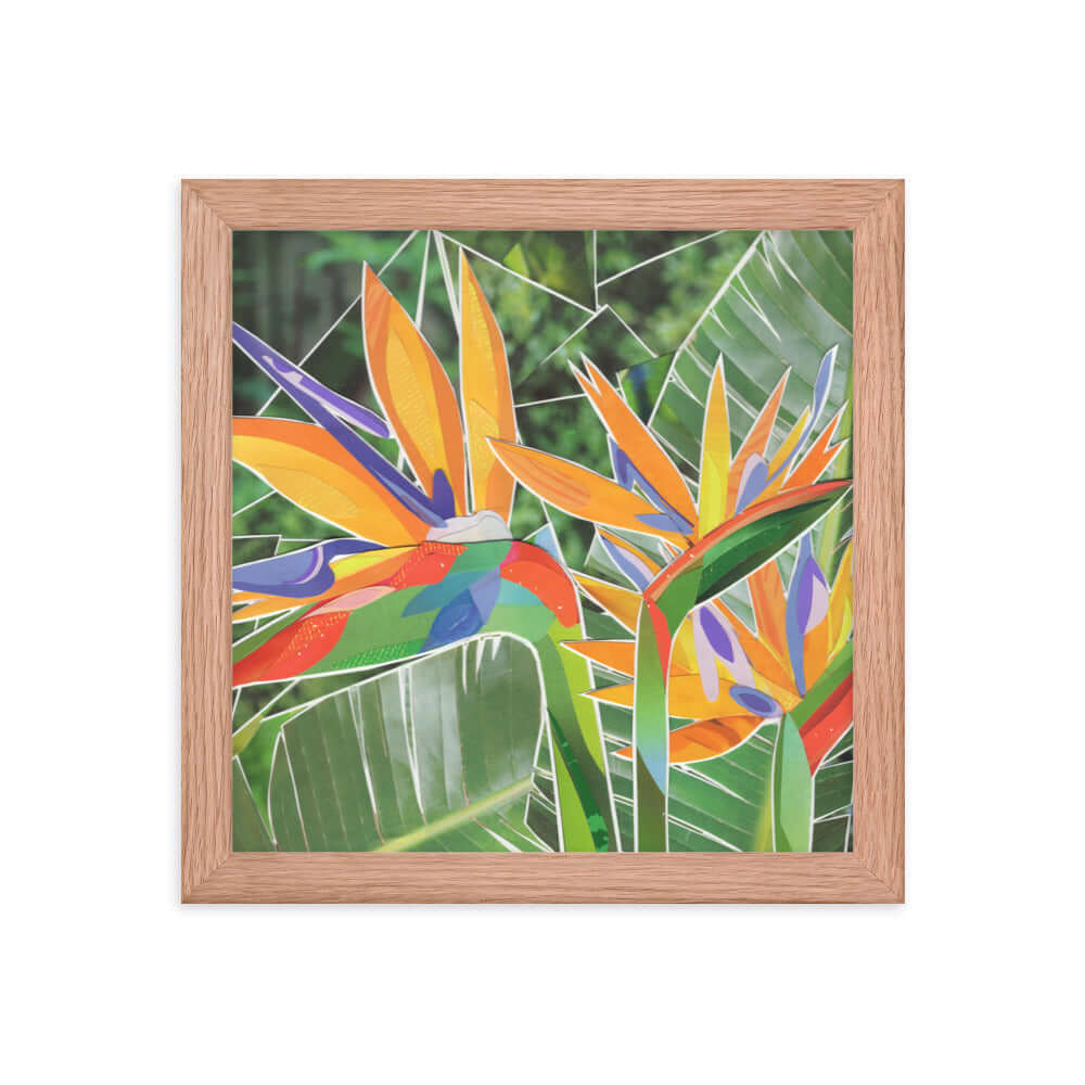 birds of paradise print, red oak frame
