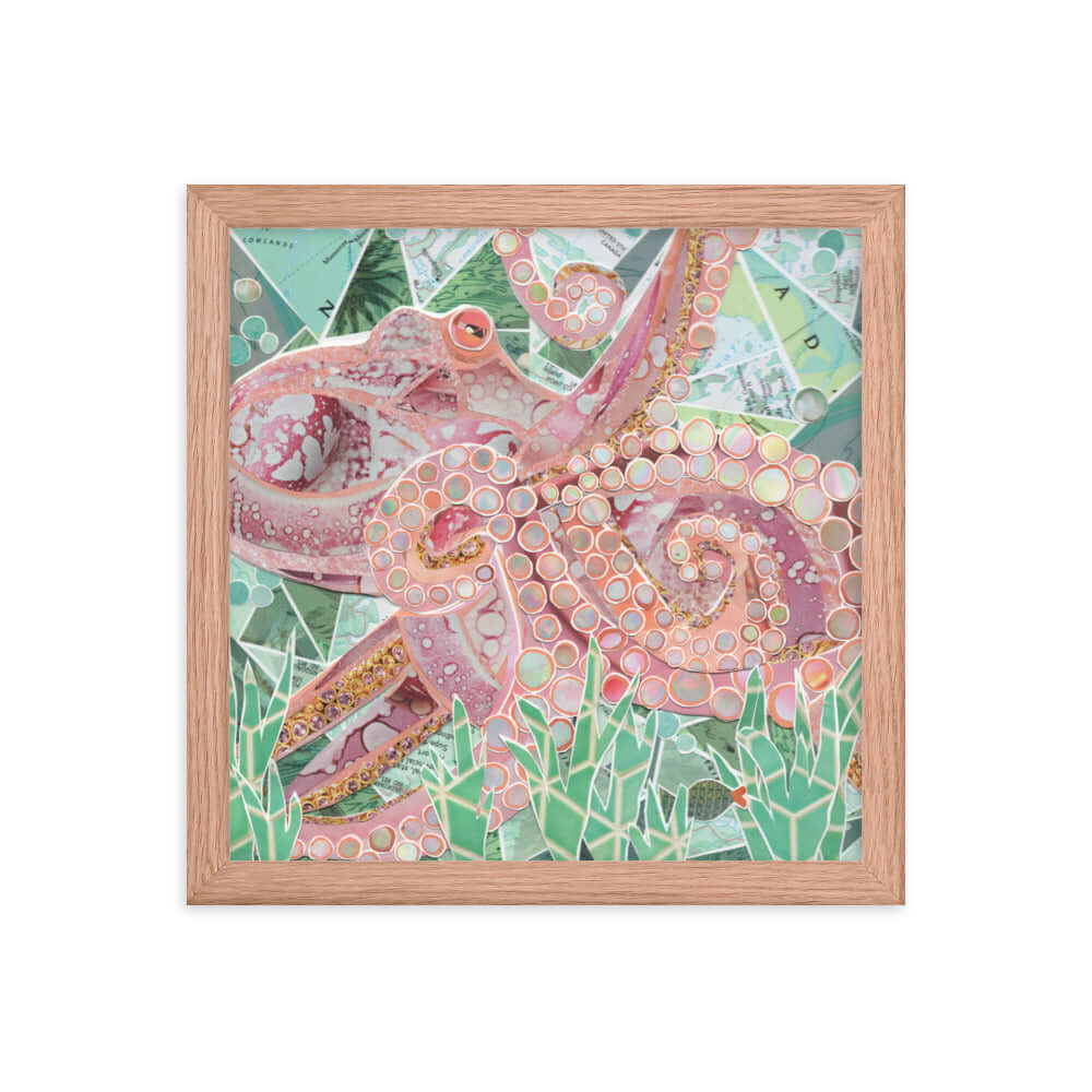 inky the octopus print, red oak frame