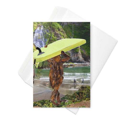 Greeting card with sasquatch or big foot holding a kayak over their head against a scenic waterfall background