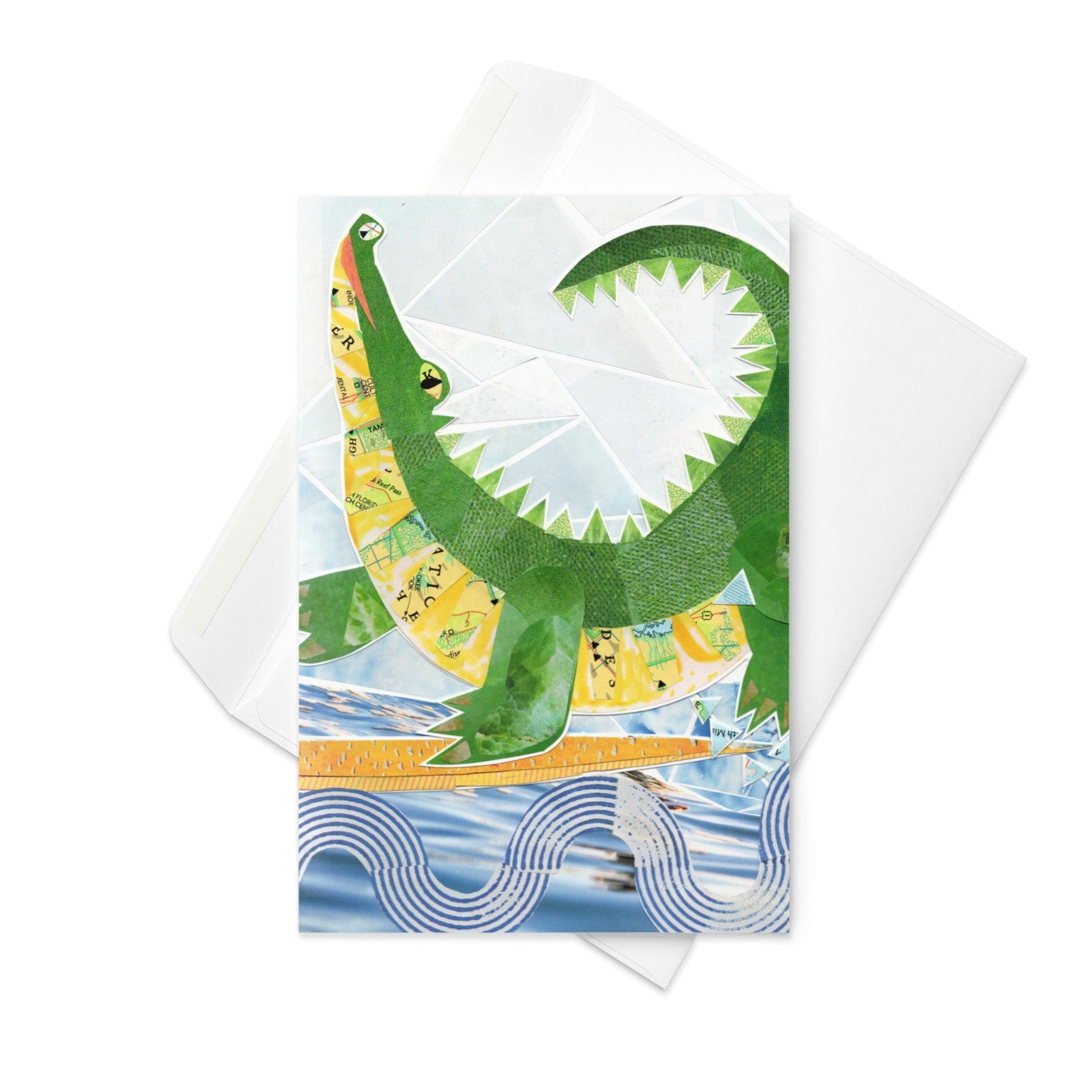 Collage art greeting card with a green alligator design  surfing on geometric waves on a white background