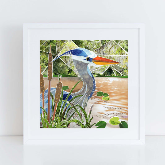 blue heron wall art, more the merrlier collage art square print