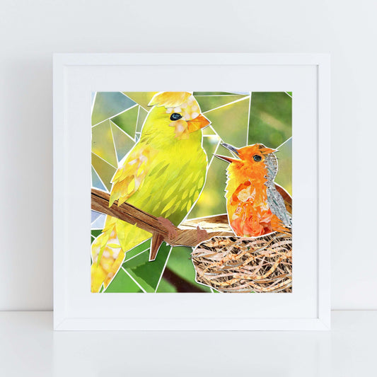 mama bird wall art, more the merrlier collage art square print