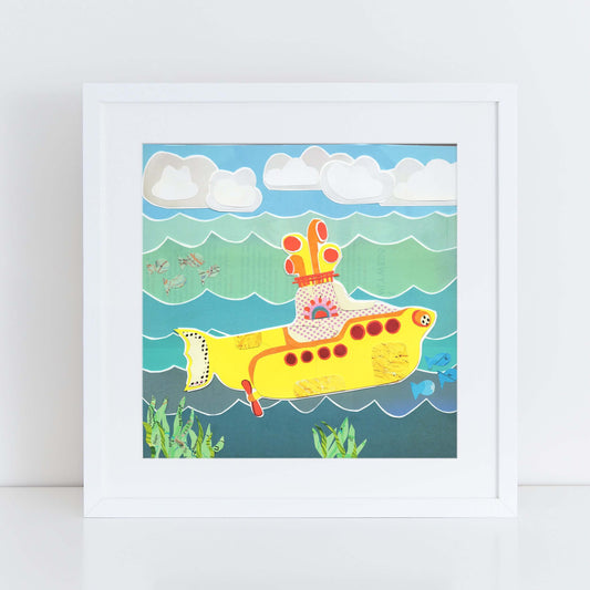 yellow submarine wall art, more the merrlier collage art square print